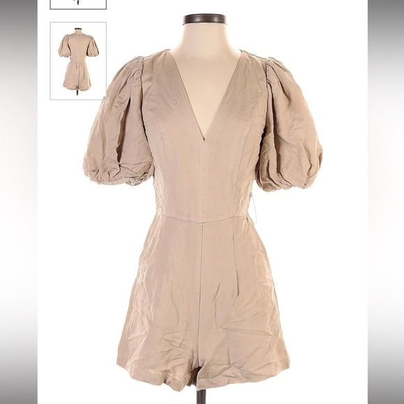 Express Linen-Blend Puff Sleeve Romper - Picture 3 of 7